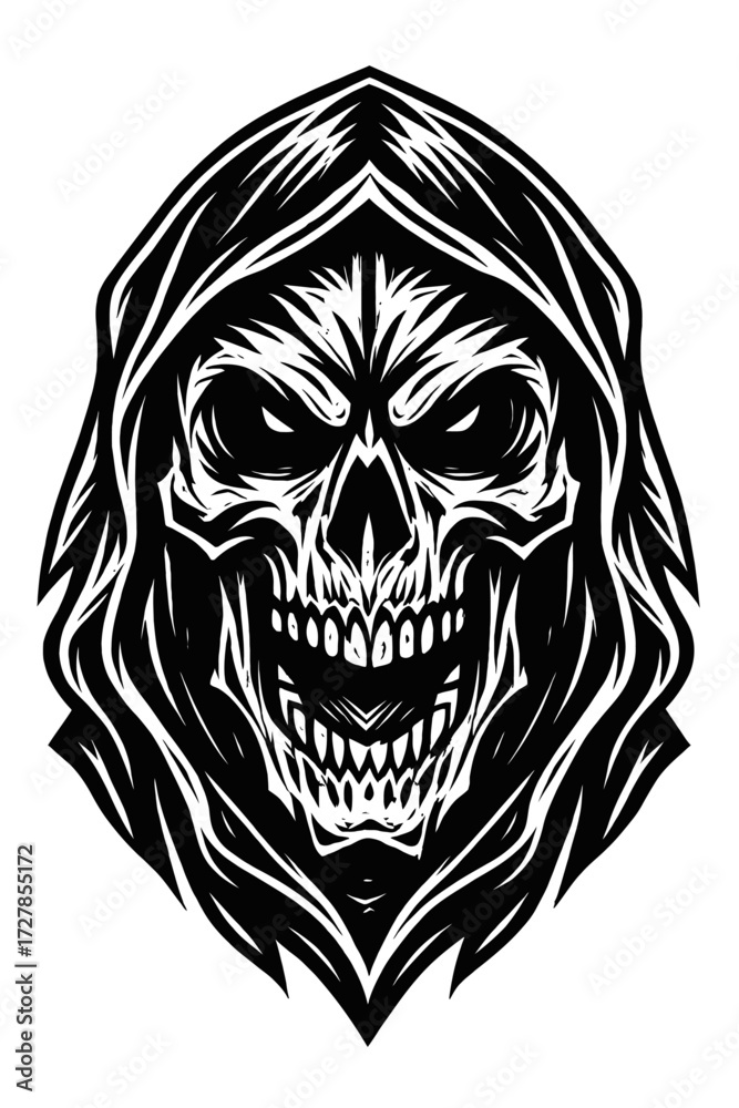 Fototapeta premium Intense Grim Reaper Skull in Hooded Cloak: Menacing Black & White Vector Illustration for Dark Fantasy, Gothic, Horror, Tattoo Designs, Heavy Metal Art. An Edgy, Chilling, Macabre, Sinister, Spook