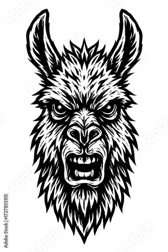 Fierce Primal Beast Head Illustration: Dynamic B&W digital art of aggressive, roaring creature, sharp fangs, intense eyes, shaggy fur. Embodies raw power & wild spirit for tattoos, merch, logos, d