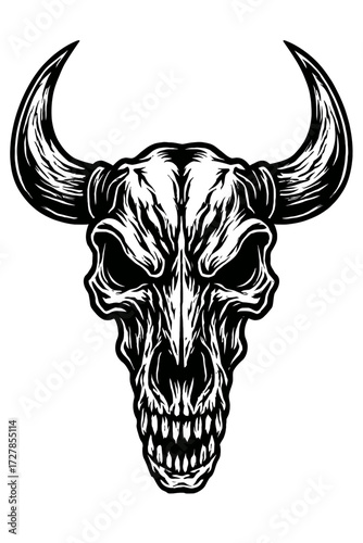 Striking black and white bull skull illustration, featuring formidable curved horns, an eerie gothic aesthetic, and intricate teeth, perfect for rugged tattoo designs, bold graphic prints, or comp