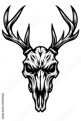 Aggressive Deer Skull with Intricate Antlers: A Powerful Black and White Vector Illustration for Dark Art, Tattoo Designs, and Bold Graphic Statements, Evoking Primal Strength and Gothic Style
