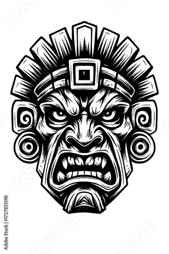 Discover the powerful black and white tribal mask illustration, an intimidating ancient Mesoamerican deity with a fierce, angry expression, intricate headdress, and detailed ear spirals. This myth