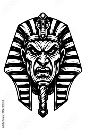 Powerful and menacing ancient Egyptian Pharaoh head illustration with an intensely angry expression, wearing a royal nemes headdress and sacred uraeus, depicted in a striking black and white vinta