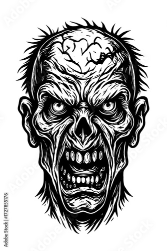 Detailed Black and White Zombie Head Illustration featuring a terrifying, grotesque undead creature with exposed brain, menacing sunken eyes, and a wide, fanged open mouth. This striking macabre h