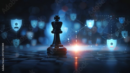 Lone King Chess Piece Stands Guard Amidst Digital Shields and Networked Security.