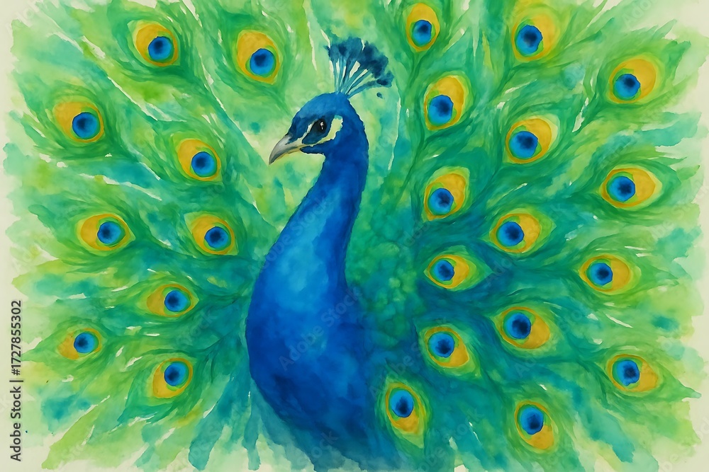 Obraz premium Vibrant watercolor painting of a majestic peacock displaying its stunning iridescent blue and green tail feathers