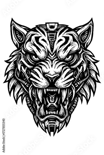 Fierce Cybernetic Tiger Head Roaring Artwork: An intricate black and white illustration blending primal aggression with futuristic mechanical details, ideal for bold graphic design, tattoo art, ap