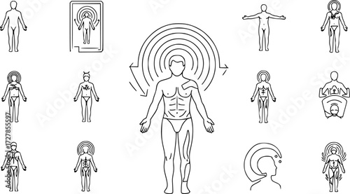 Set of human body scan visualization outline vector icons
