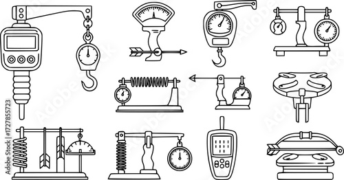 Set of bow scale measuring draw weight outline vector icons
