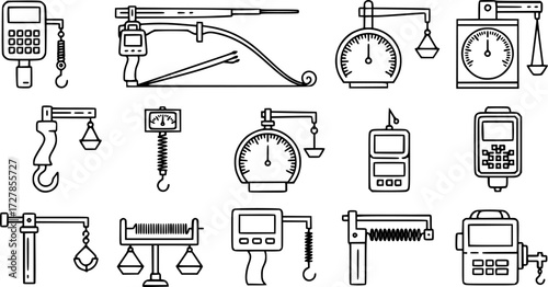 Set of bow scale measuring draw weight outline vector icons
