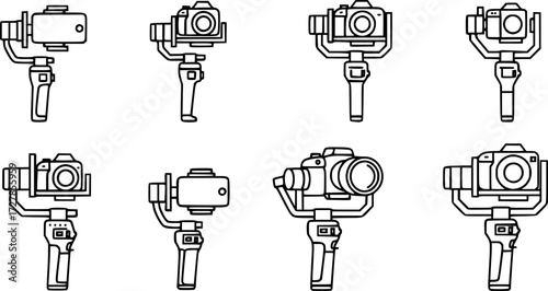 Set of camera gimbal stabilizer outline vector icons

