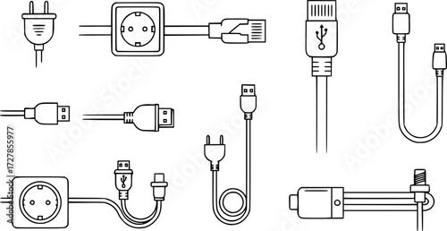 Set of wired connection outline vector icons
