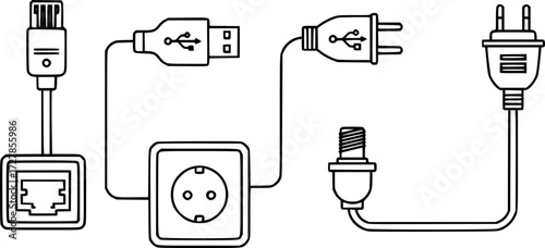 Set of wired connection outline vector icons

