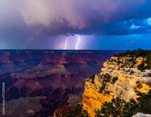Lightning Strikes Over the Grand Canyon During Stormy Twilight