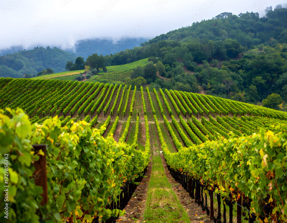 Obraz premium Scenic Vineyard Landscape with Lush Green Grapevines and Hills