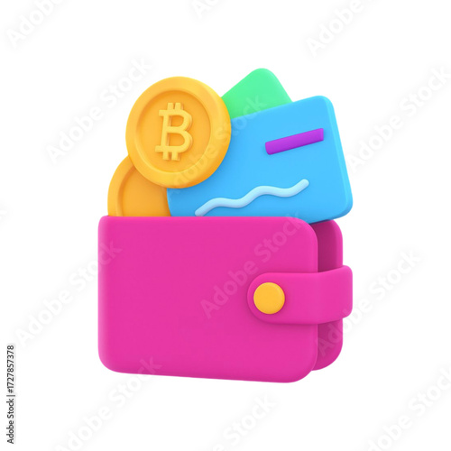 3d cartoon wallet with bitcoin coins and credit cards isolated on transparent background