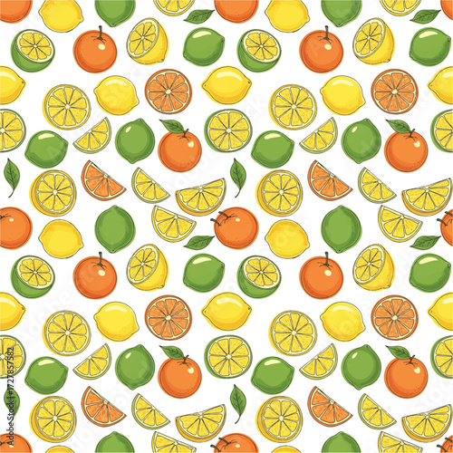 Vibrant seamless illustration of whole and sliced citrus fruits including oranges, lemons, and limes diagonal pattern with green leaves on white background.