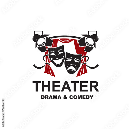 icon of comedy and tragedy theatrical masks with curtains isolated on white background