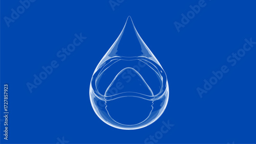 Transparent water droplet on blue background, symbolizing purity, hydration, and natural resources