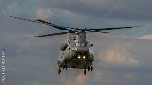 Heavy lift military helicopter in flight. 