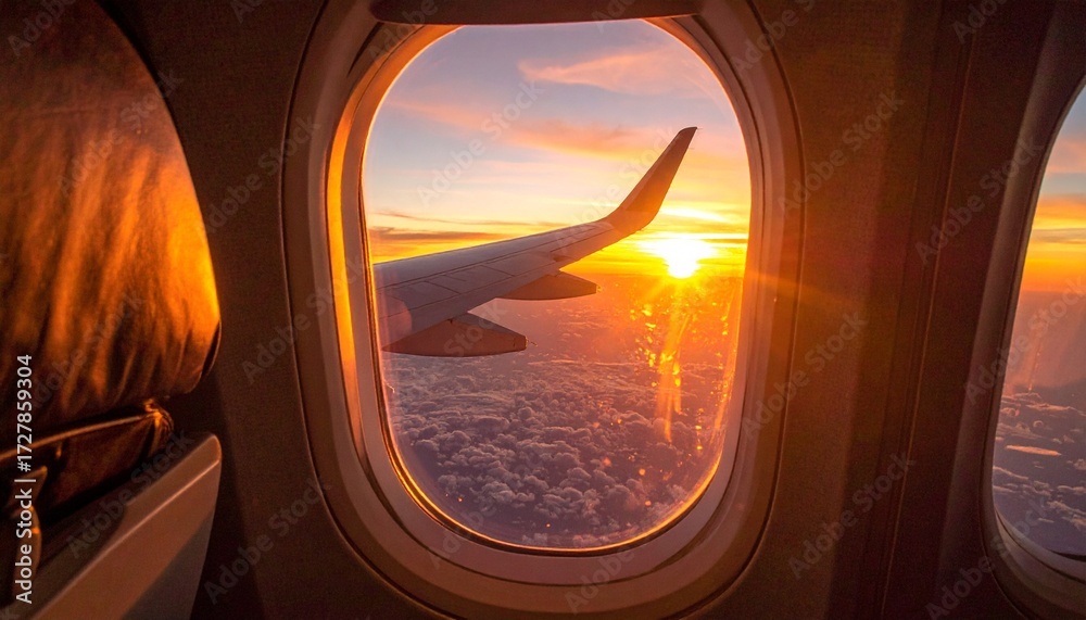 Fototapeta premium Passenger's point of view looking out the airplane window, golden orange sky