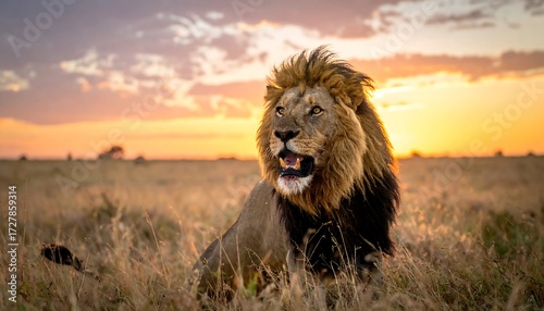 Majestic lion at sunrise in savanna