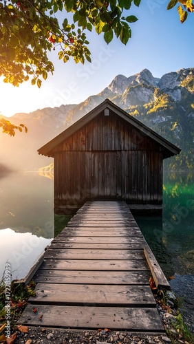 Lakeside cabin at sunrise