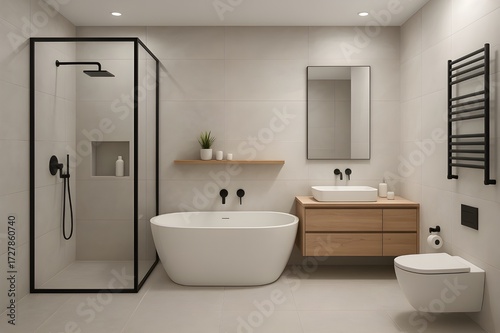 Contemporary Minimalist Bathroom: Freestanding Tub, Black-Framed Walk-in Shower, Floating Wood Vanity, Neutral Tiles, Matte Black Fixtures