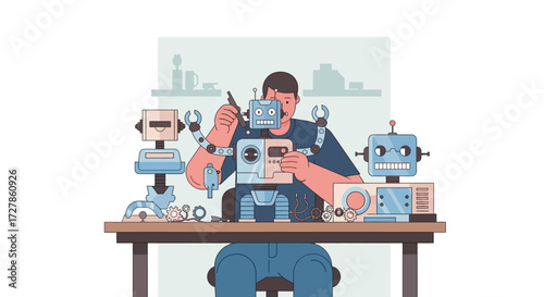 Man assembling robots at a workbench, a close-up illustration of a creative endeavor