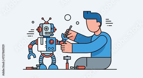 Man with wrench assembling or repairing a humanoid robot. Flat line vector illustration concept of robotics, engineering, and artificial intelligence