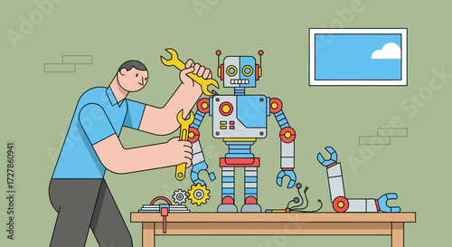 Male inventor carefully constructing a humanoid robot with a wrench, representing the concepts of innovation, engineering, and artificial intelligence