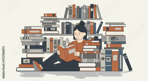 A dedicated female student or bookworm completely surrounded by towering piles of books and bookshelves