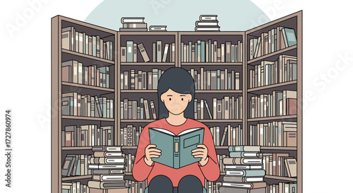 Illustration of a female student deeply engrossed in a book, surrounded by extensive library shelves representing knowledge and education