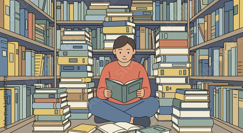 Young person sitting cross-legged surrounded by towering stacks of books in a library, engrossed in reading