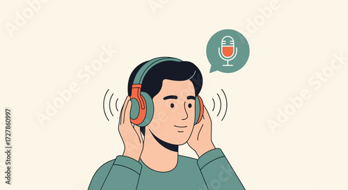Modern flat vector illustration of a man listening to a podcast or audiobook on headphones, representing audio streaming and digital media consumption