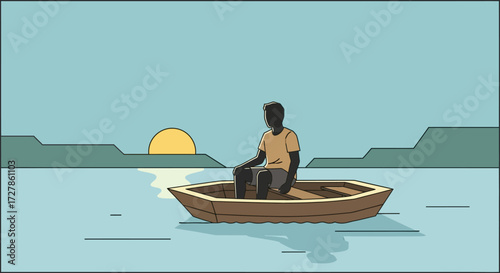 Solitary Figure in a Boat Contemplation on a Calm Lake at Sunset, Tranquil Scenery