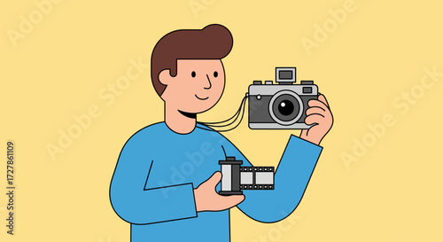 Illustrative Cartoon of a Photographer Holding Camera and Film Capturing Moments and Memories