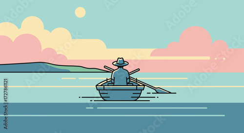 Rowboat Journey Serene Illustration of a Solitary Figure Paddling Across Calm Waters