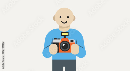 Happy Person Holding a Camera with Flash Ready for a Photograph