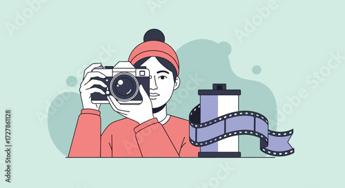 Photographer holding camera and film reel with artistic illustration for photography concepts