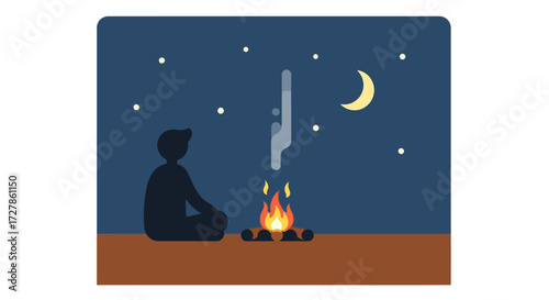 Nighttime Camping Scene A Silhouette by the Campfire Under a Starry Sky with a Crescent Moon