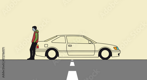 Vector illustration of a person patiently waiting and leaning against a classic hatchback car on the side of the road