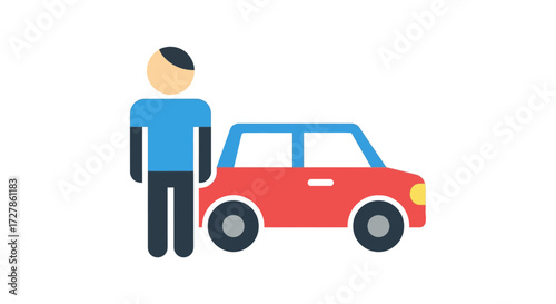 A simple graphic depicting a person standing next to a car