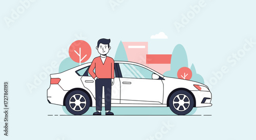 Man Standing Next to a White Sedan Car with City Buildings in the Background