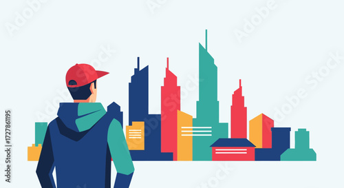 Urban Visionary Man Contemplating Cityscape with Colorful Buildings in Flat Design