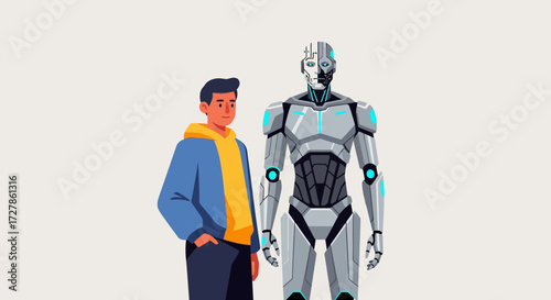 A young man and a futuristic humanoid android standing together, symbolizing the evolving partnership between humanity and artificial intelligence