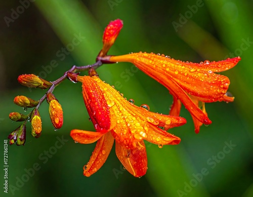Two vibrant orange-red flowers with water droplets