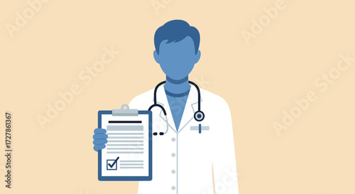 Vector illustration of a male doctor in a lab coat holding a clipboard with a completed health check form, representing medical diagnosis and healthcare