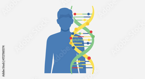 Abstract illustration of a human silhouette next to a DNA double helix, representing genetics and biotechnology