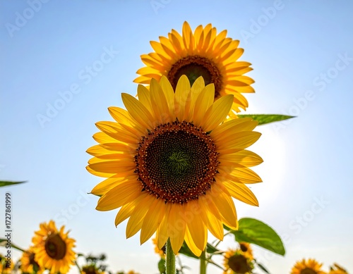 Two vibrant sunflowers against a clear blue sky