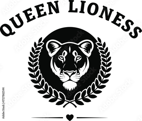 Queen Lioness – Regal Feminine Lion Logo Design with Laurel and Heart Motif